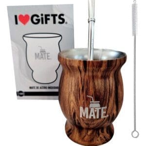 Mate Acero Inoxidable Térmico + Bombilla + Cepillo + Giftbox, Nativo-Madera