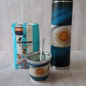 Set Matero Bandera Argentina - Termo Bala 1lt + Mate + Yerba Cachamate 500gr