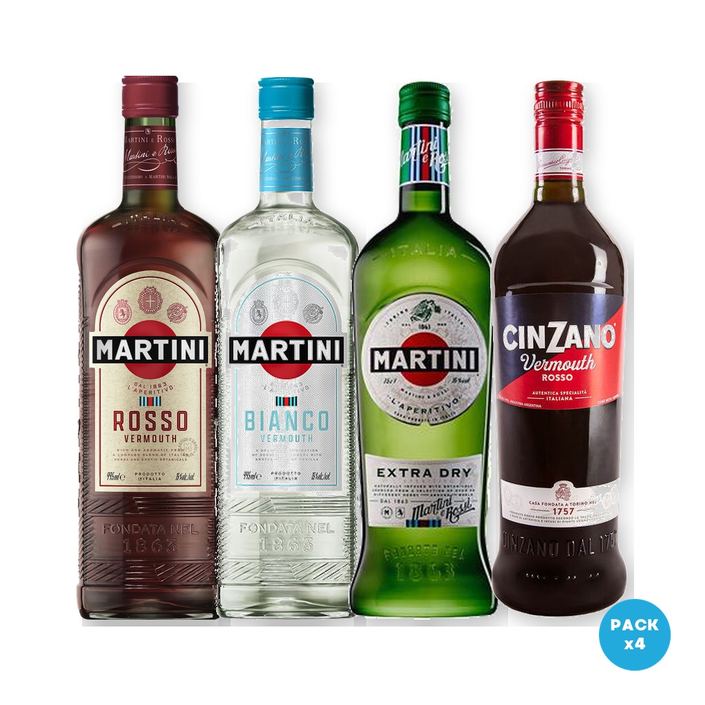 Combo x4: Martini Rosso 995ml + Martini Bianco 995ml + Martini Extra Dry 995ml + Cinzano Rosso 1L
