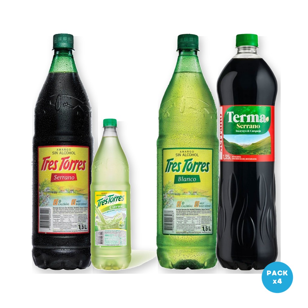 Combo x4: Tres Torres Serrano 1.5L + Tres Torres Citrus 1.5L + Tres Torres Blanco 1.5L + Terma Serrano 1300ml
